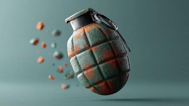 Hand grenade with a textured surface and a pin, suspended in mid-air with fragments of debris scattered around, against a muted green background