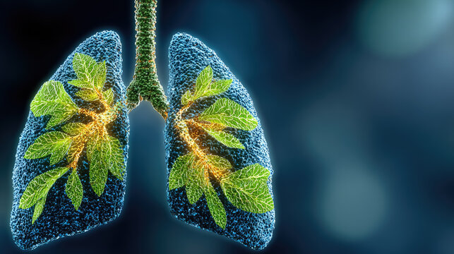 Conceptual Lungs with Internal Green Leaves and Mossy Textures : Symbol of Fresh Air, Nature Therapy, Healthy Living, Organ Recovery, Wellness, and Biology.