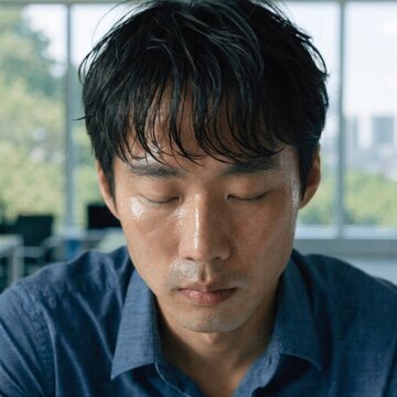 Stressed male professional taking a breath to refocus at office desk in urban environment