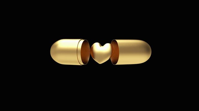Golden capsule opens on a black background to reveal a heart shape floating between the halves in a looping 3D animation