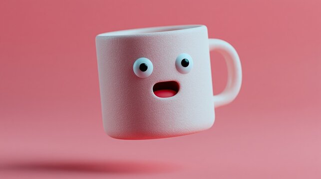 Cute pink mug with a surprised facial expression and large eyes, floating against a solid pink background, showcasing a playful and whimsical design