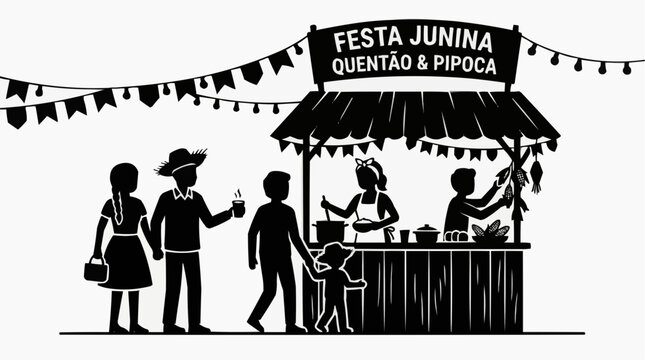 Silhouette of a June festival stall with customers, with a sign reading &ldquo;Festa Junina Quent&atilde;o e Pipoca,&rdquo; highlighting tradition, typical food, and Brazilian culture.