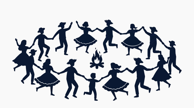 Silhouettes of people dancing in a circle at a June festival around a bonfire, highlighting tradition, Brazilian culture, and popular celebration.