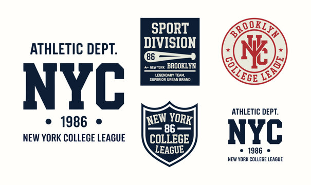 NYC Athletic Dept Vector Logo Set with New York College Varsity Badges for Apparel Design