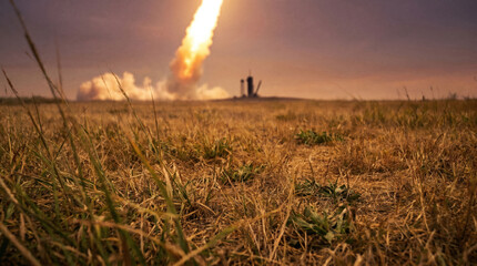 Fototapeta premium Rocket Launch Space Sunset Field Wildflower Flame Sky Exploration Nature Dusk Dramatic