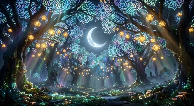 Ethereal Enchanted Forest at Night with Glowing Lanterns and Moon for Islamic Fantasy Art Theme