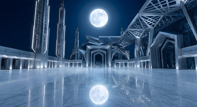 Futuristic Modern Mosque Architecture Under Full Moon Night Sky with Reflection on Marble Floor
