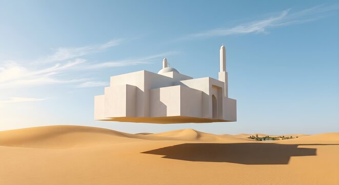 Conceptual Minimalist White Mosque Hovering Over Desert Sand Dunes Under Bright Daylight