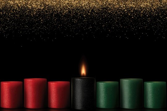 Seven candles in black, red, and green illuminate a festive, dark scene