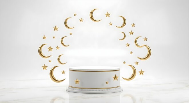 White Round Podium Surrounded by Golden Crescent Moons and Stars for Islamic Product Presentation