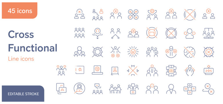 Forty-five editable cross-functional line icons for business strategy and team planning