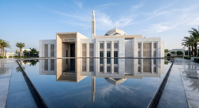 Modern Minimalist White Mosque Reflected in Clean Water Pool under Clear Sky