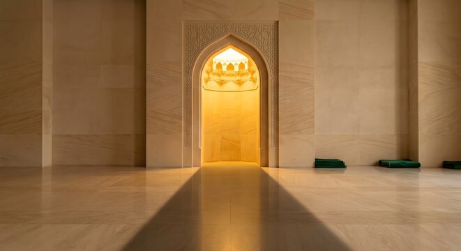 Interior of Mosque Hall with Glowing Golden Arched Doorway and Minimalist Stone Walls