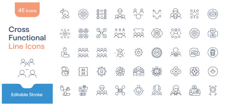 Set of forty-five editable cross-functional line icons for business and team workflow