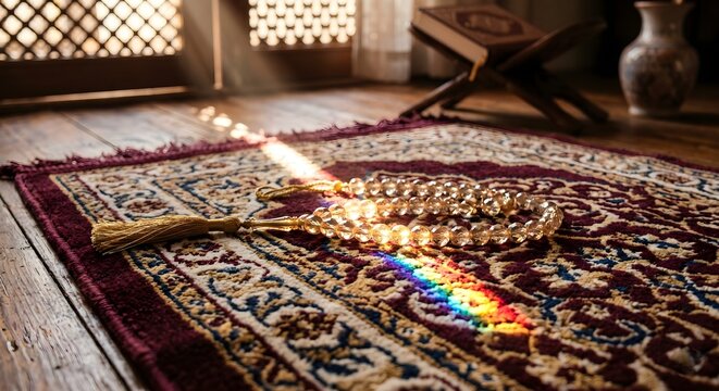 Traditional Islamic Prayer Rug with Crystal Tasbih and Holy Quran in Sunlight for Spiritual Background