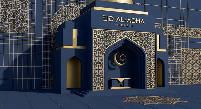 Luxury Navy Blue and Gold 3D Rendered Eid Al-Adha Mubarak Greeting with Geometric Patterns