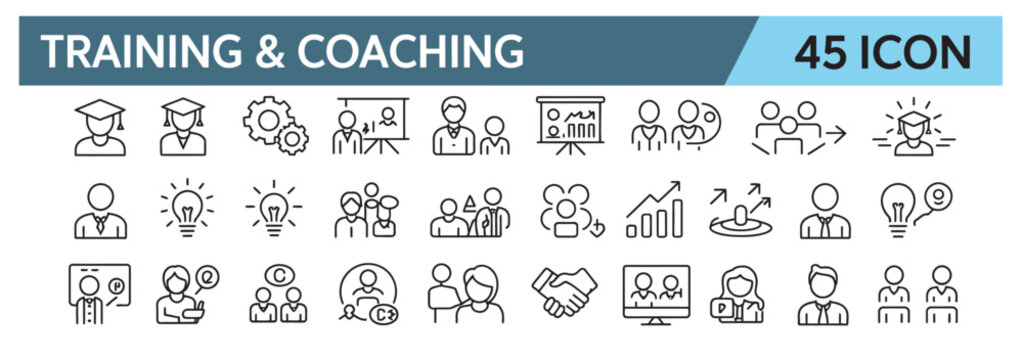 Professional training and coaching line icons for business education and development set