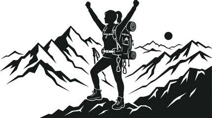 Obraz premium Silhouette of a woman standing on a mountain peak with arms raised