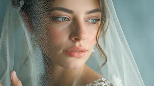 Intimate bridal portrait with freckled face. Soft natural light highlights green eyes and textured skin, lace veil draped over cheek, subtle makeup,