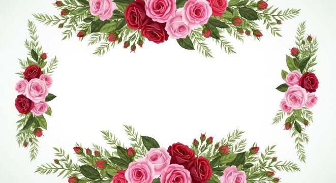 Lush Rectangular Frame of Painterly Pink and Crimson Roses on a White Background.