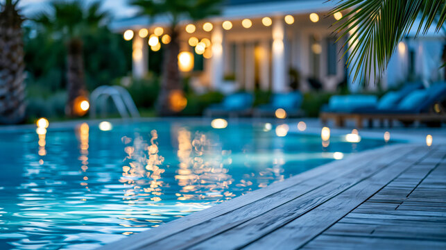 Luxury swimming pool at twilight with string lights and wooden deck at tropical resort