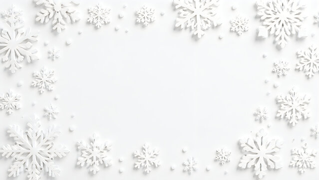 Minimalist white snowflake frame, elegant winter holiday border with paper cut snowflakes, clean seasonal background for Christmas greeting cards isolated on White Background