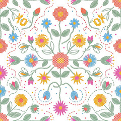 Fototapeta premium Colorful Folk Art Embroidery Seamless Floral Pattern with Cross Stitch Flowers and Decorative Botanical Motifs 