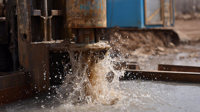 Industrial drill machine extract groundwater creating water splash in a dusty environment, illustrating hard work and construction equipment