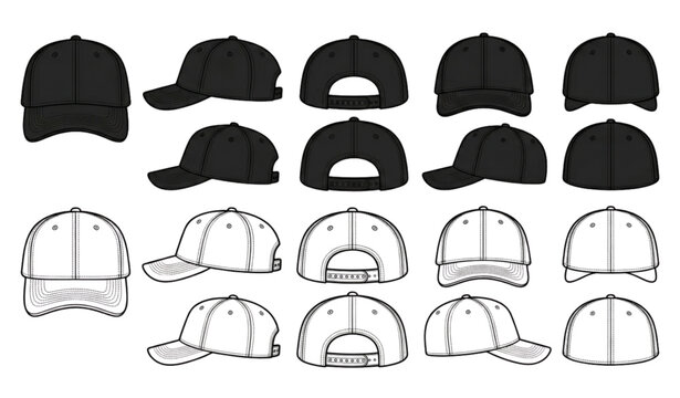 Printable baseball cap vector clipart set with modern flat hat illustrations isolated on white