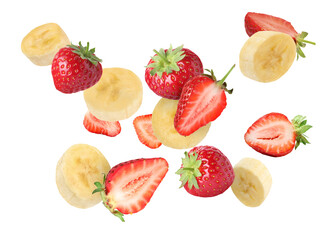 Fototapeta premium Banana slices and strawberries flying in air against transparent background