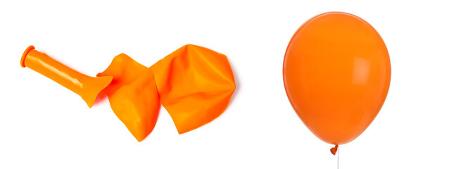 Popped and inflated orange balloon isolated on white, collage © New Africa