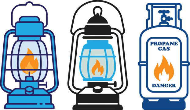 Set of vintage oil lanterns and a metal propane gas tank with fire symbols as flat vector icons for camping equipment