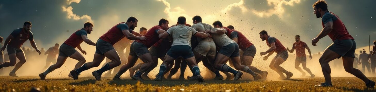 Action shot of a rugby scrum, players pushing powerfully, mud flying, intense competition, dynamic movement , uniforms, force, strength
