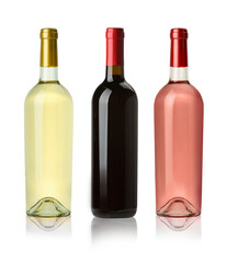 Obraz premium Rose, red and white wine in bottles on transparent background