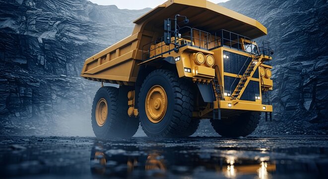 Massive yellow haul truck in a deep openpit mine with rocky walls and wet ground