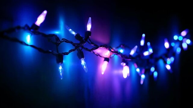 A string of blue and purple decorative lights glowing against a dark background. The lights are evenly spaced and create a festive atmosphere.