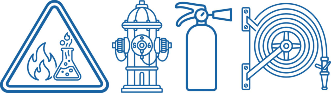 Set of blue fire safety icons featuring a warning sign with flame, a hydrant, a fire extinguisher and a water hose reel