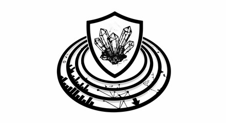 Fototapeta premium Abstract emblem featuring crystals within a shield and circular orbits, symbolizing protection and growth.