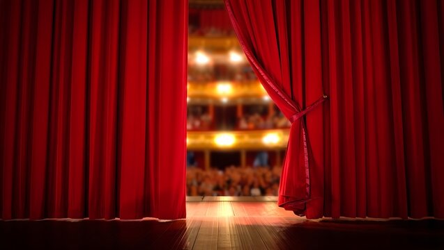 A theatrical performance about to begin with a bright audience and red velvet curtains parted on stage