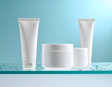 Envases de cosm&eacute;tica blanca gen&eacute;ricos en estante de vidrio de farmacia