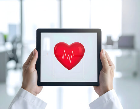 Profesional de la salud sosteniendo tableta digital con gr&aacute;fico de ritmo card&iacute;aco abstracto