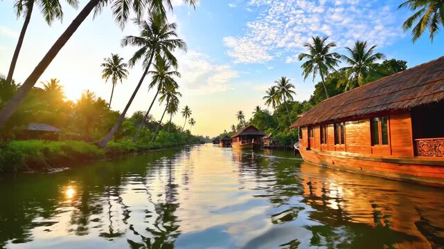 Scenic kerala backwaters with traditional houseboats at sunset