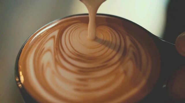 Professional latte art preparation showing the detailed process of pouring microfoam into a coffee cup.

