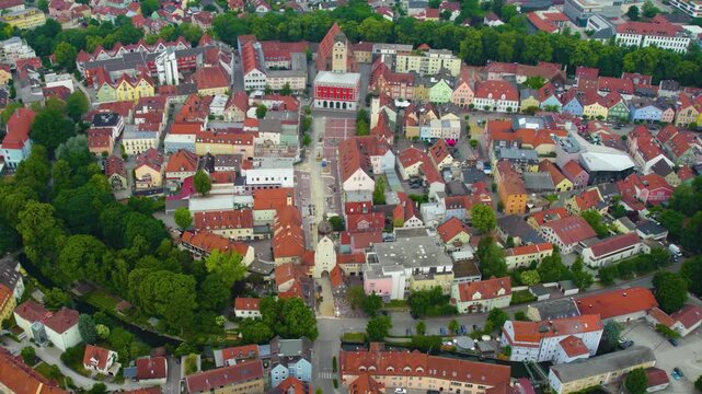 Aerial view of the old town and city Erding, 85435 in Germany, Bavaria on a sunny noon spring day