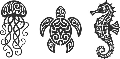 Ornate Sea Creature Silhouettes on White Background © Beauti Rani Roy