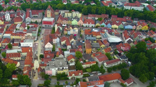 Aerial view of the old town and city Erding, 85435 in Germany, Bavaria on a sunny noon spring day