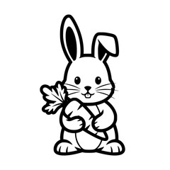 Fototapeta premium A cute, cartoon-style rabbit holding a carrot, rendered in simple black and white line art, embodies playful charm.