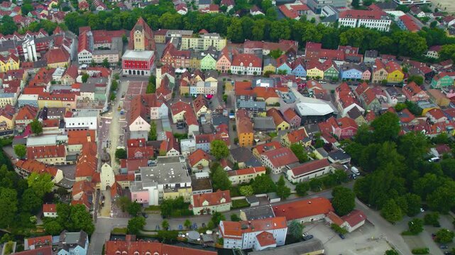 Aerial view of the old town and city Erding, 85435 in Germany, Bavaria on a sunny noon spring day