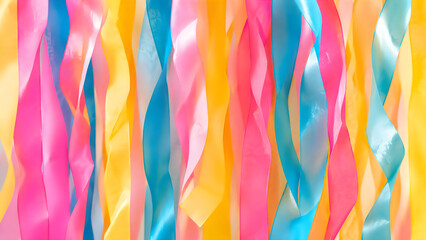 Fototapeta premium Vibrant colorful satin ribbons hanging vertically, festive party streamers background, pink blue and yellow decorative fabric strips for celebration isolated on White Background