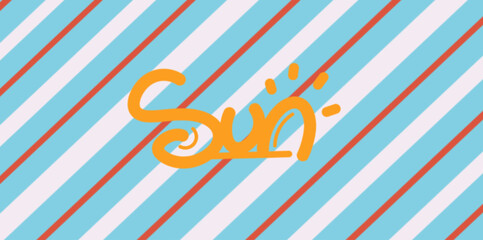 Fototapeta premium Cute sun typography stripe background. Cheerful summer vector illustration background with hand drawn sun typography logo over blue and white diagonal retro stripes pattern.